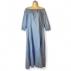 Loft light Blue Off-Shoulder Dress elbow sleeves size 8 midi loose fit poplin
